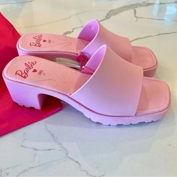 Barbie x ZARA Pink Rubber Slides Heeled Sandals - Picture 9 of 11